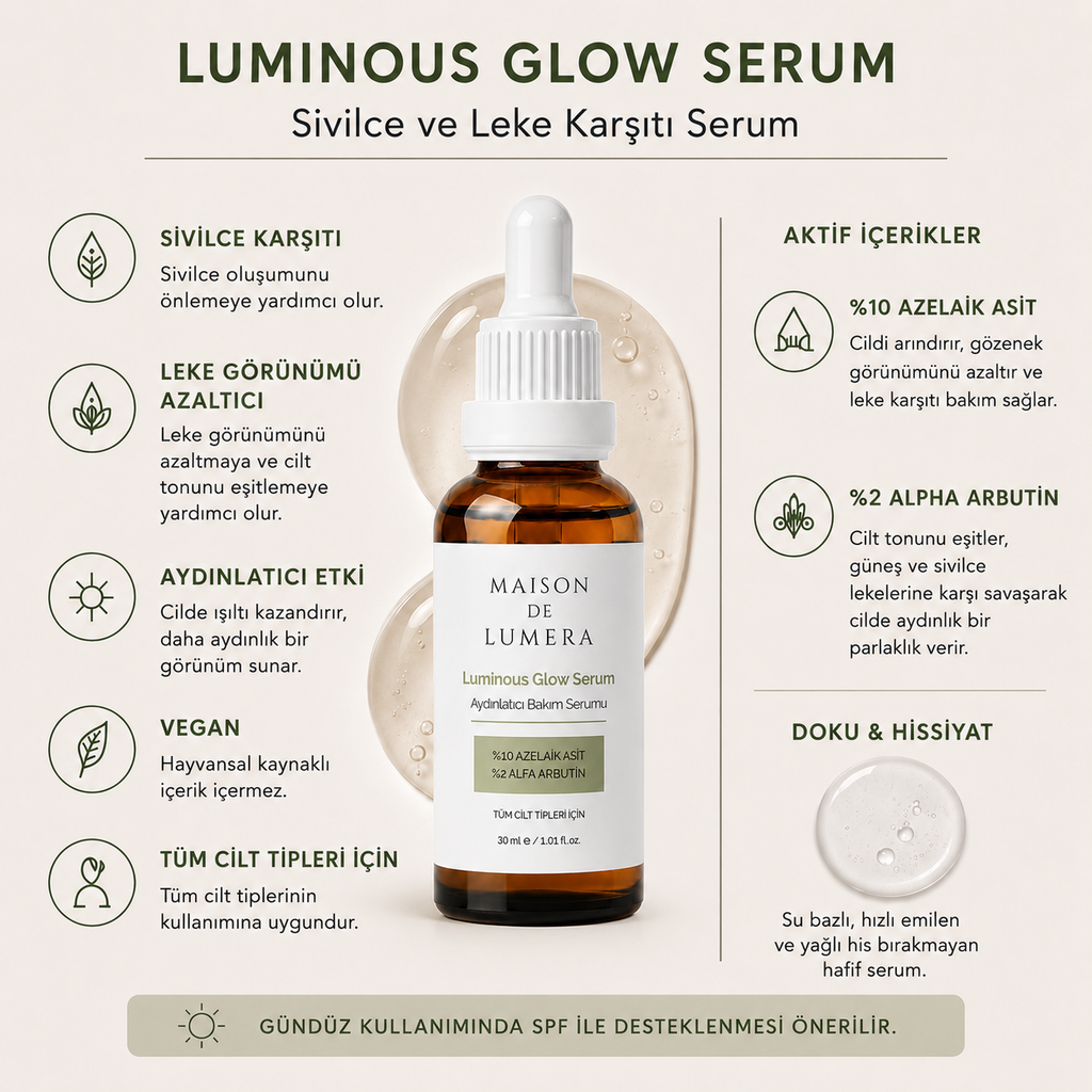 Maison De Lumera® Luminous Glow Serum %10 Azelaik Asit + %2 Alfa Arbutin Aydınlatıcı Bakım Serumu 30ml