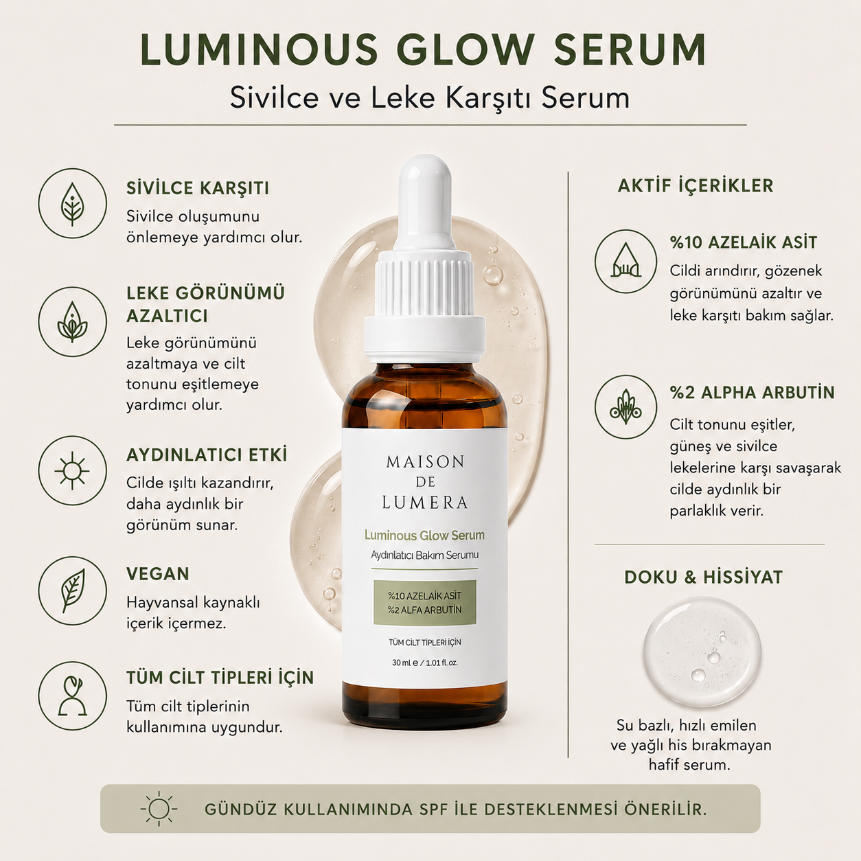Maison De Lumera® Luminous Glow Serum %10 Azelaik Asit + %2 Alfa Arbutin Aydınlatıcı Bakım Serumu 30ml